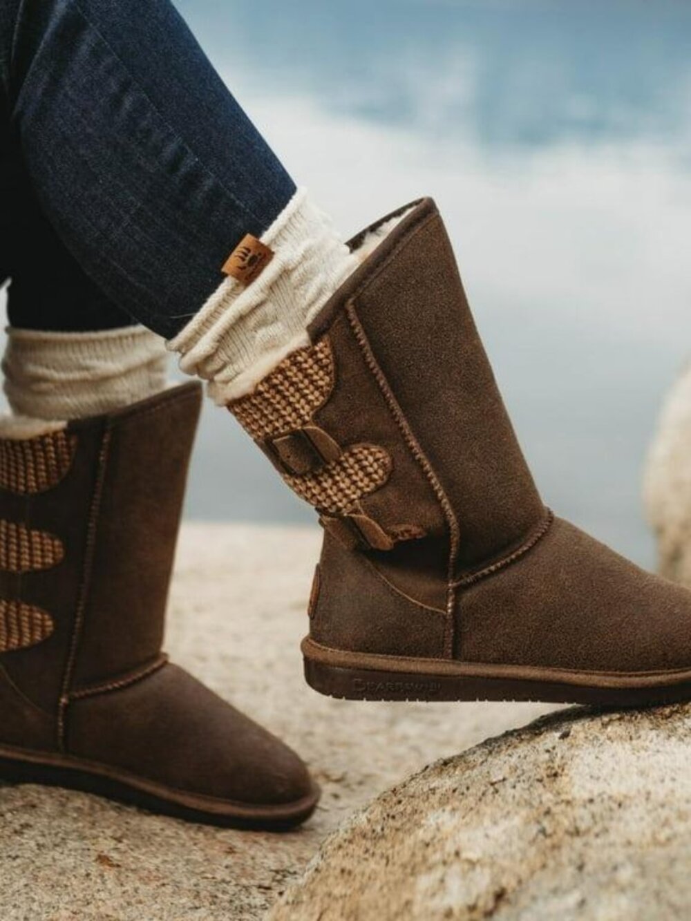 BEARPAW Youth Suede Knit Double-Buckle Boots — Size 3
